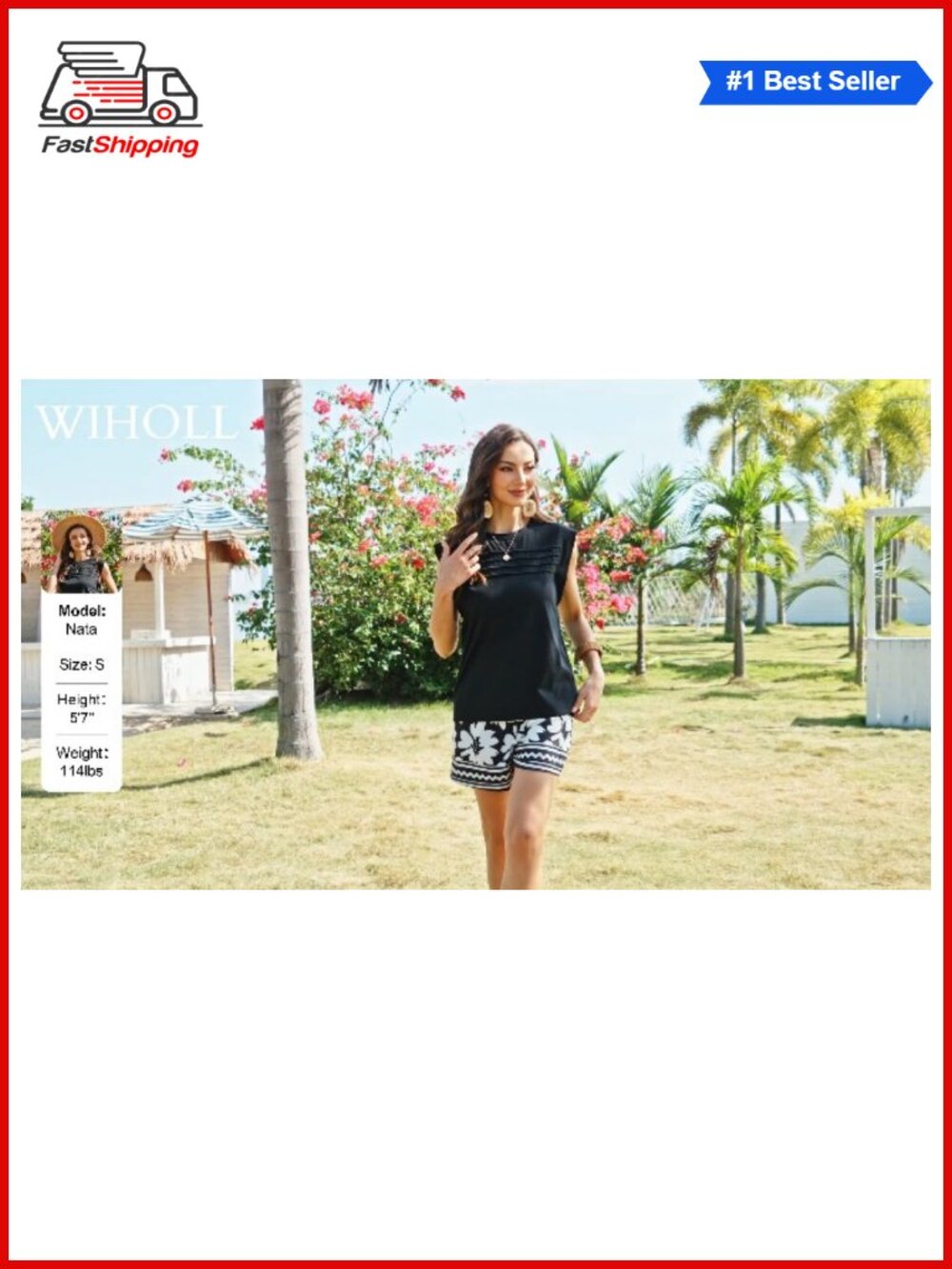 ✨ Two Piece Short Set Sleeveless Top Ruch Drawstring Shorts Pockets Polyester - Picture 5 of 6